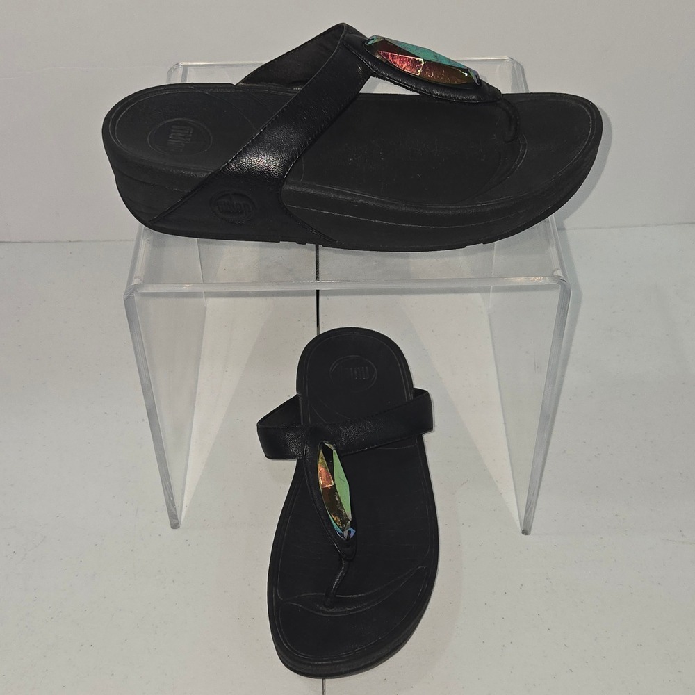 FitFlop Womens Microwobbleboard Black Leather Crystal Jewel Thong Sandals Size 6